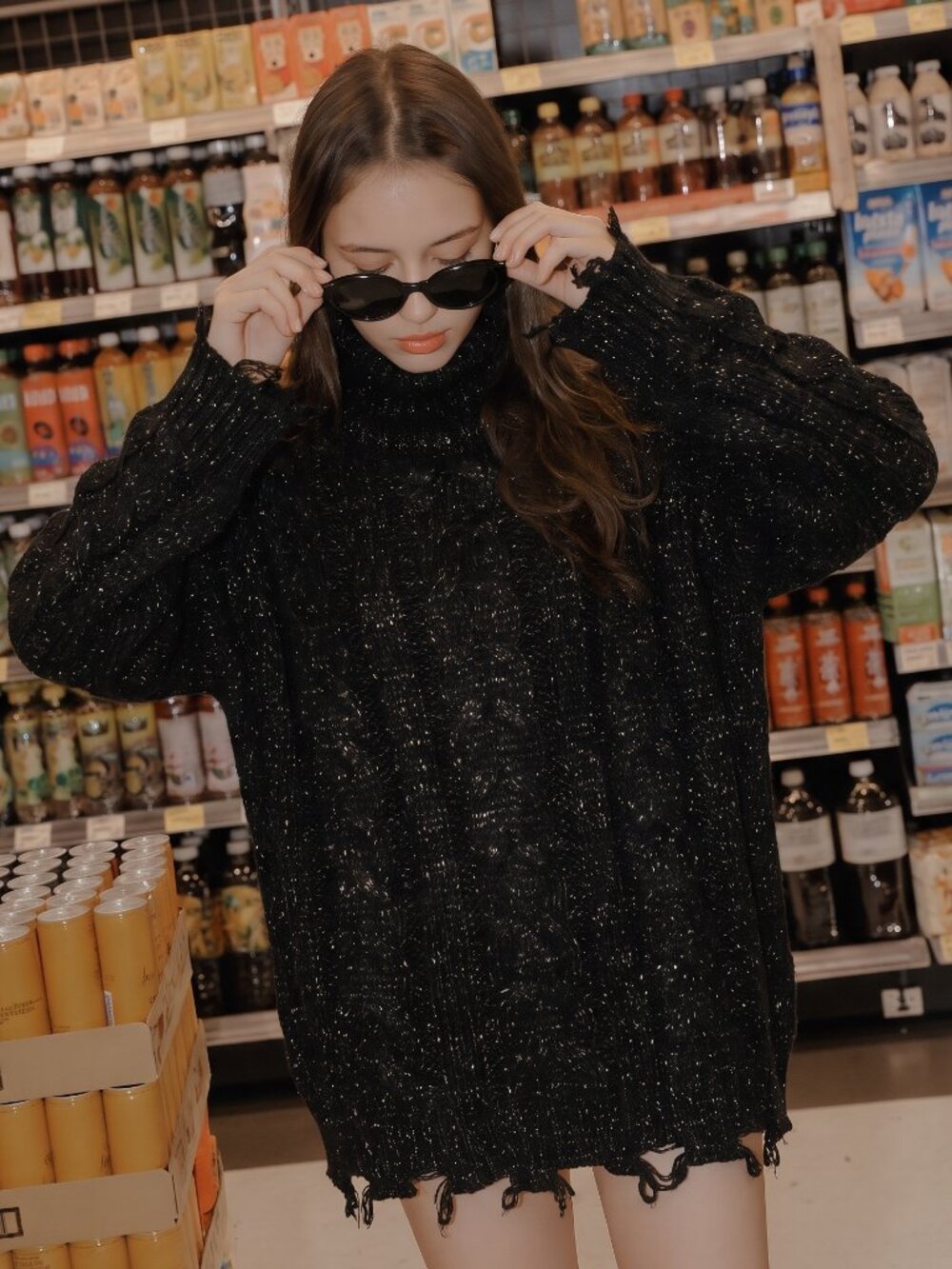 Neely Black Shimmer Cable Knit Distressed Sweater